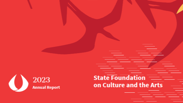 Red background with white text 2023 annual report state foundation on culture and the arts