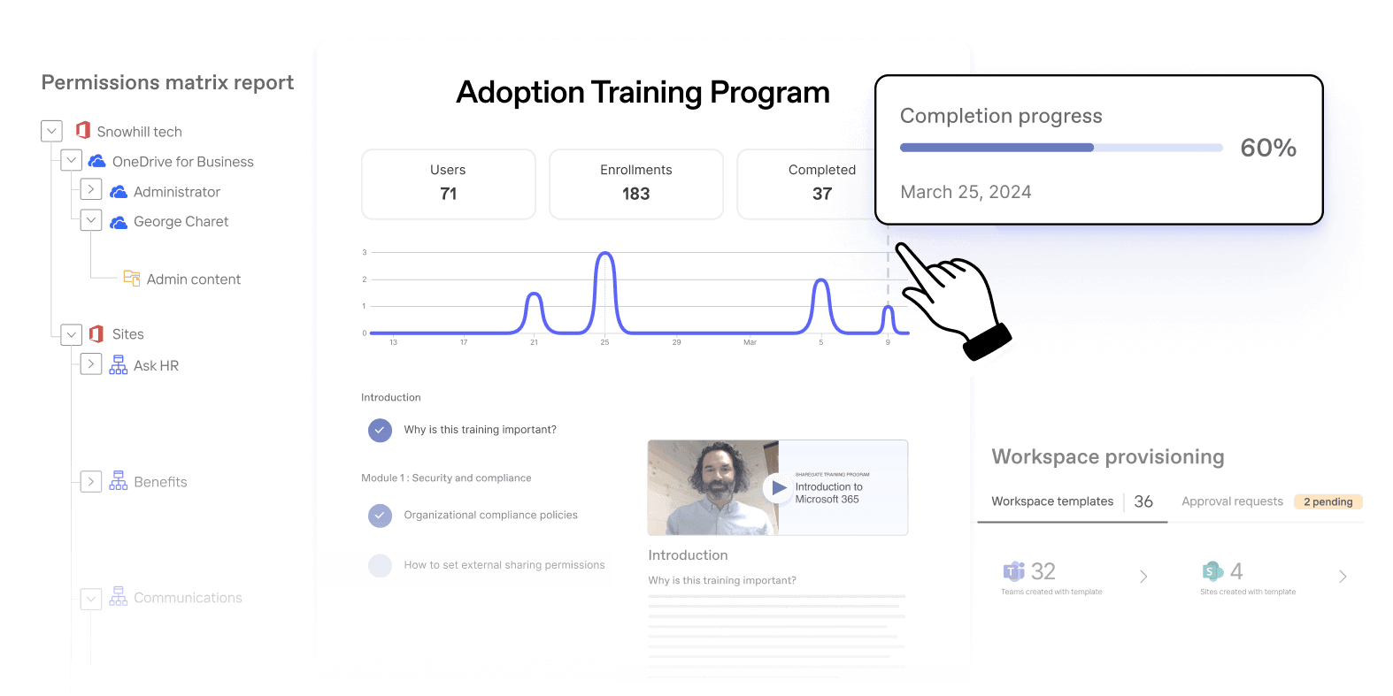 Workleap LMS interface presenting a training program for Microstf 365 end users to improve adoption.