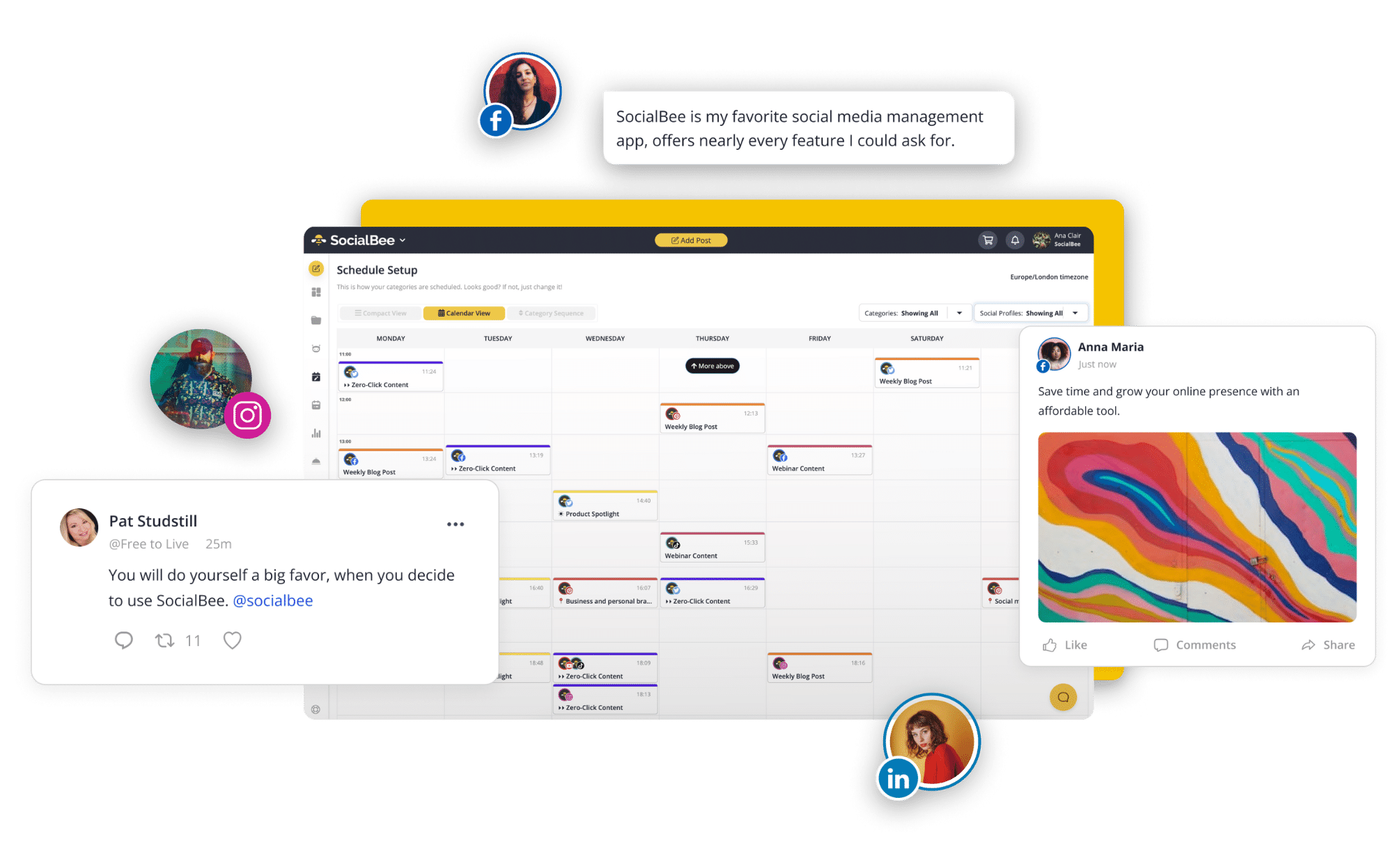 SocialBee calendar view of the schedule setup