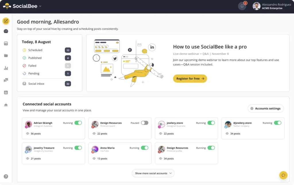 SocialBee's main app dashboard