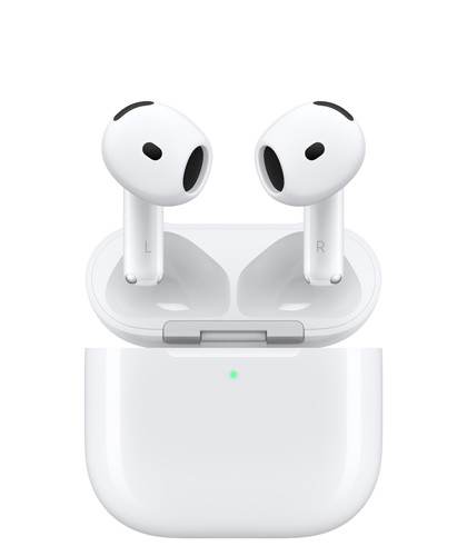 AirPods 4 met actieve ruisonderdrukking en draadloze oplaadcase, vlakke randen, ledlampje voor het batterijniveau aan de buitenkant