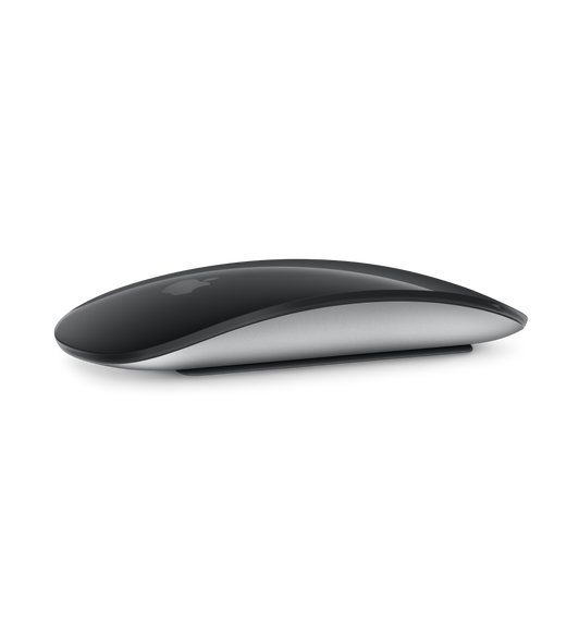 Magic Mouse in Black, showing its curved design and Multi-Touch Surface.
