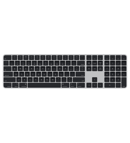 Magic Keyboard with Numeric Keypad in black, features an inverted T arrow key layout, and dedicated page up and page down keys.