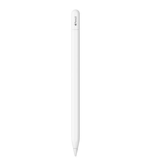 Apple Pencil (USB-C), white, end cap engraving reads, Apple Pencil, the word Apple represented by an Apple logo