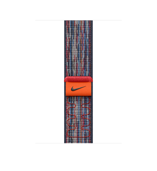 Blue and Red Sport Loop strap, woven nylon with Nike swoosh, hook-and-loop fastener.