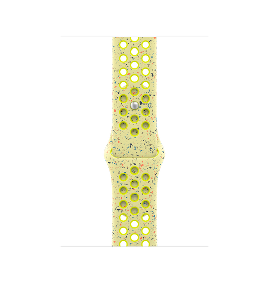 Volt Splash (yellow) Nike Sport Band, smooth fluoroelastomer with perforations for breathability and pin-and-tuck closure.