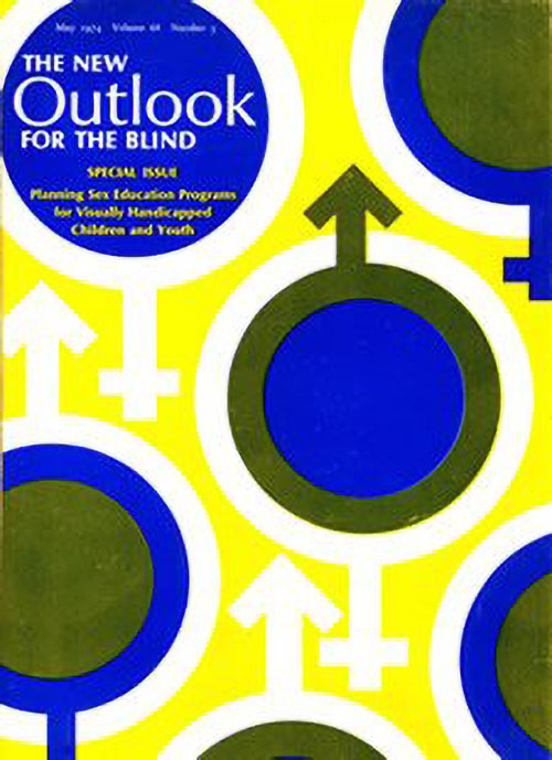 Cover of The New Outlook for the Blind issue on planning sex education programs for children and youth with visual impairments. The cover has the male symbol, of a circle with an arrow and the female symbol of a circle with a cross. These graphics are in blue, green, yellow and white.