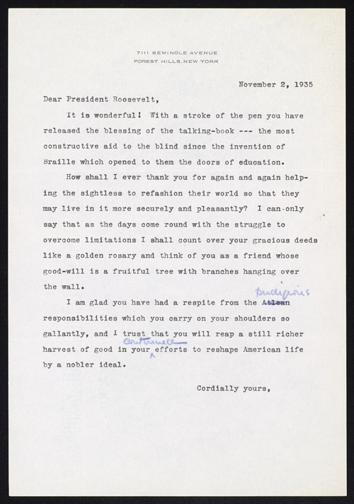 An unsigned, typewritten letter, including two handwritten corrections, on white letterhead.