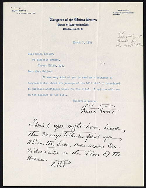 A signed, typewritten letter on Congressional letterhead with a handwritten note at the bottom. The letterhead identifies Ruth Pratt as the representative of the 17th district of New York and is dated March 3, 1931.