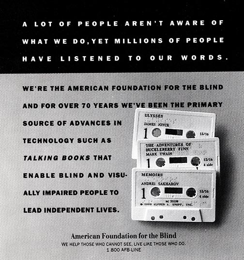 AFB advertisement for Talking Books with an image of 3 cassette tapes for 