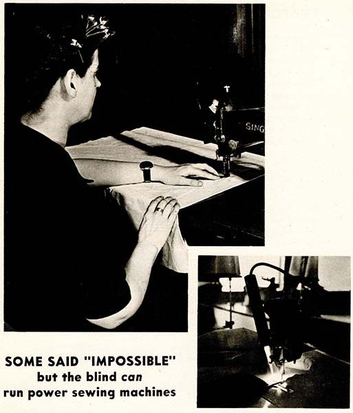 A white woman with a decorative hair piece and a braid down and around her head sews a large rectangular piece of fabric using a Singer sewing machine. A second, smaller image shows a small torch-like object that is illuminating the machine needle.