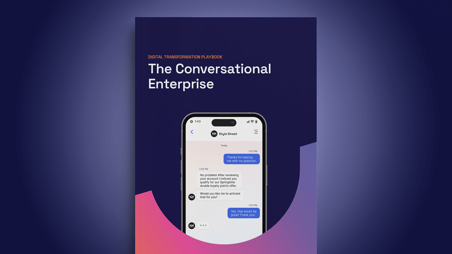cover of digital transformation playbook shows conversational AI applications at work in a messaging conversation