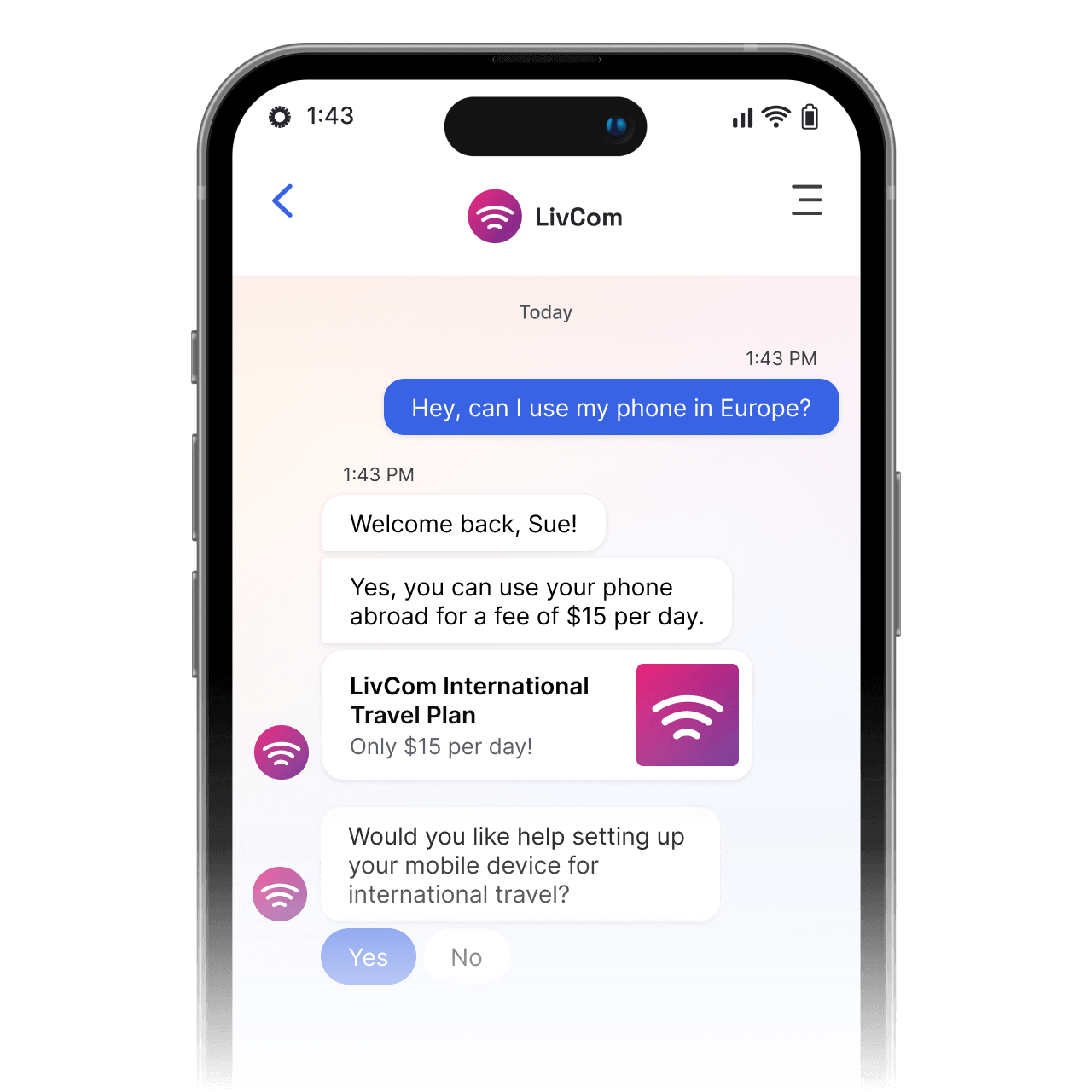 Using our Conversational AI platform enables telecom companies to quickly answer questions like if phones can be used while traveling
