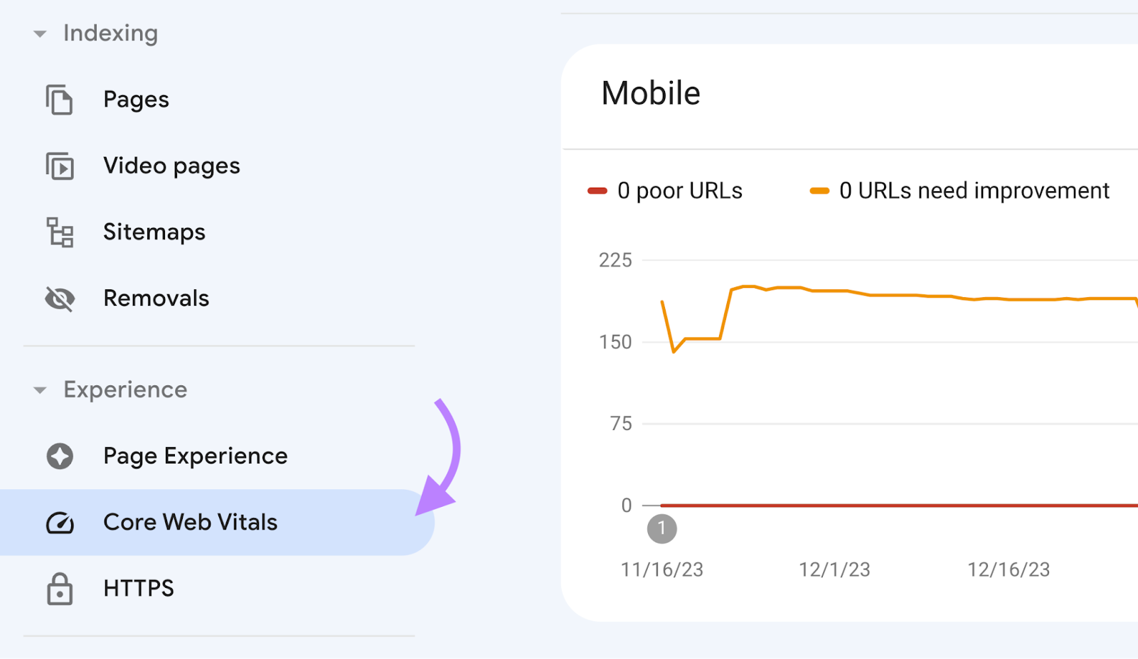 Navigating to "Core Web Vitals" in Google Search Console