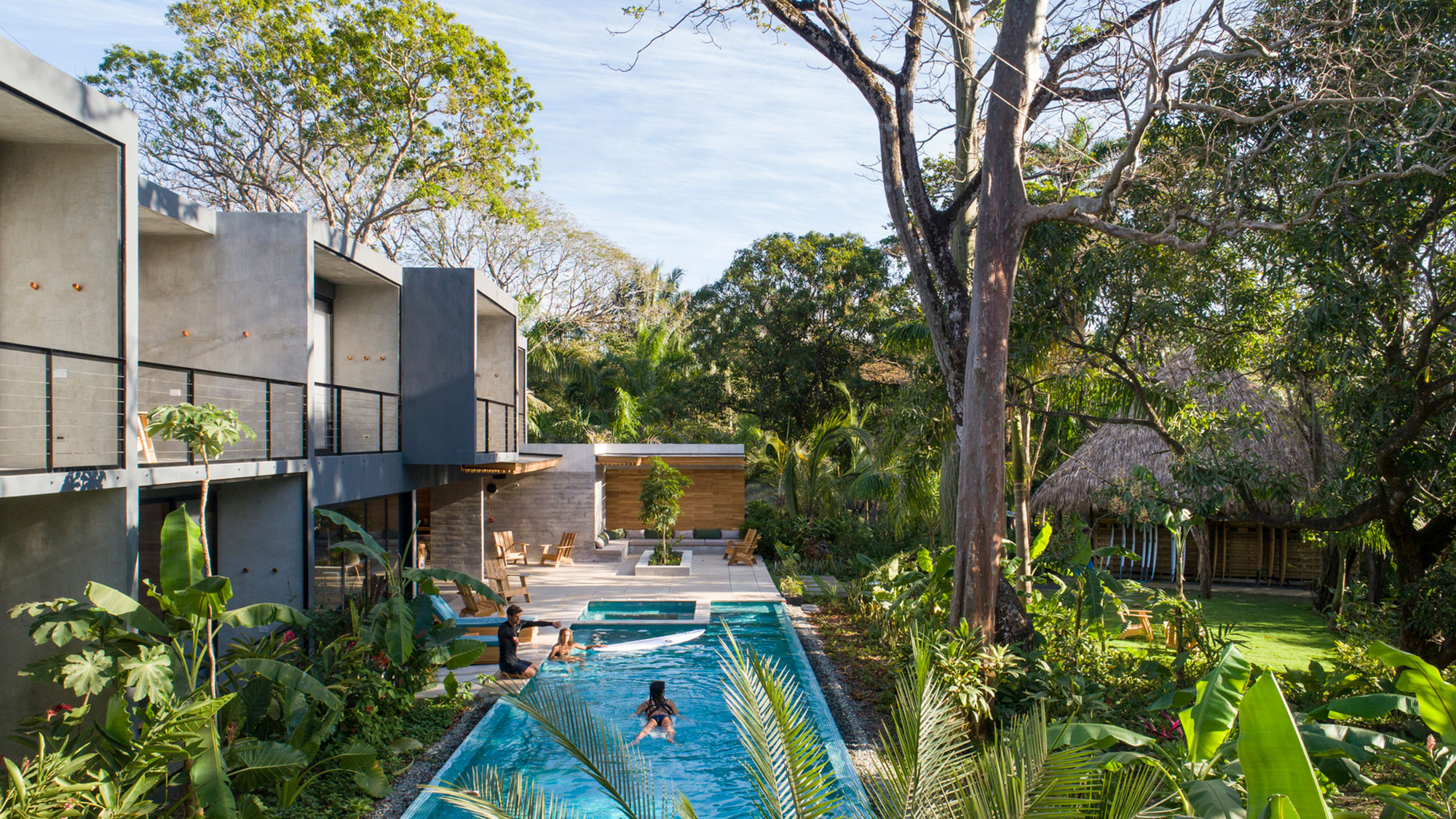 A swimming pool in a backyard.