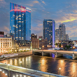 A city skyline at night.