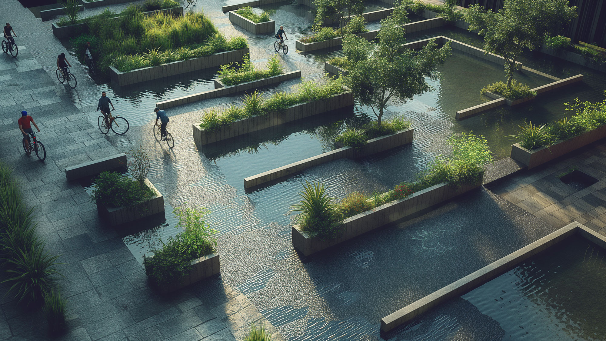 A group of people riding bikes on a path with plants and a fountain.