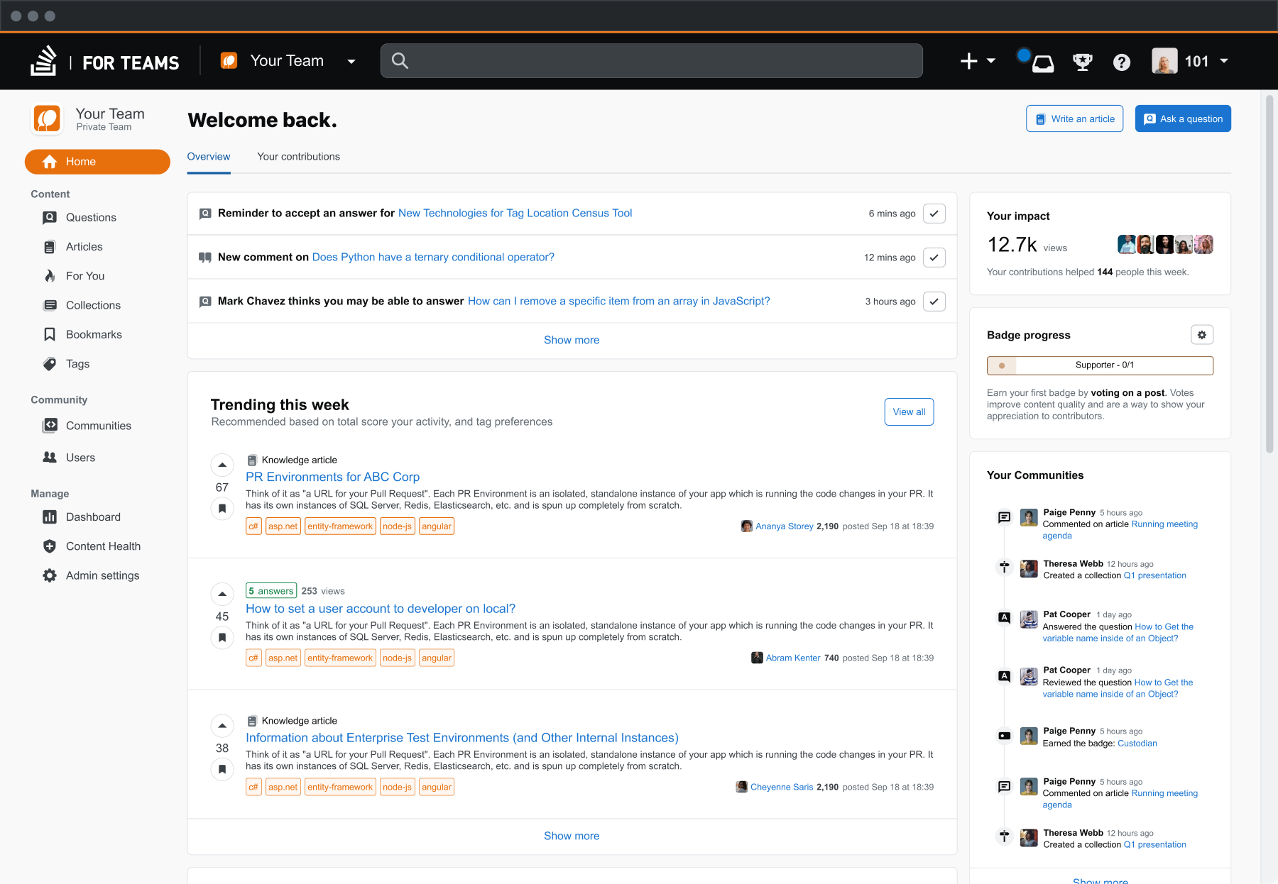 Screenshot of the question index of Stack Overflow for Teams