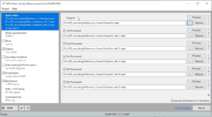 Moscow State University's Video Quality Measurement Tool analyzing five files. This program is featured in our video quality metrics course.