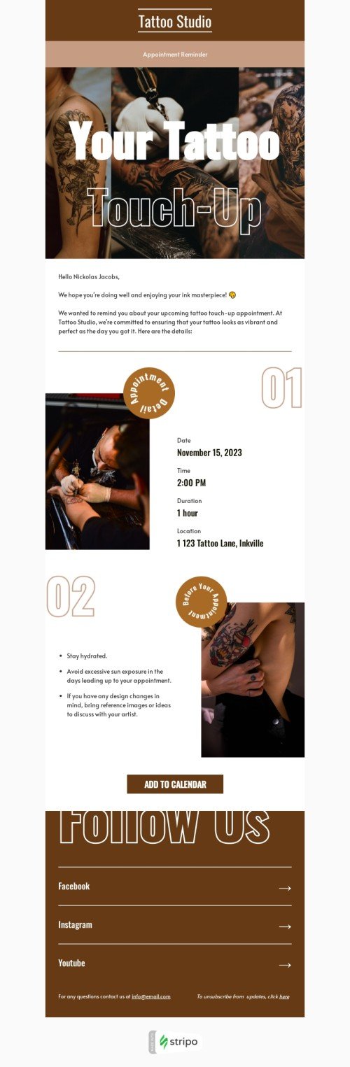 Events email template "Tattoo touch-up" for tattoo industry mobile view