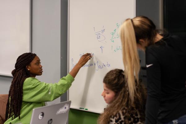 Study tutor at the board with 2 students