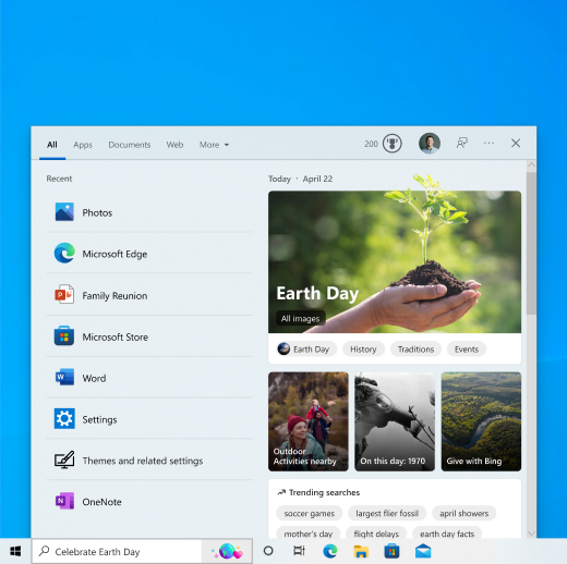 หน้าแรกสําหรับการค้นหา Windows 10 ที่มีไฮไลต์การค้นหา