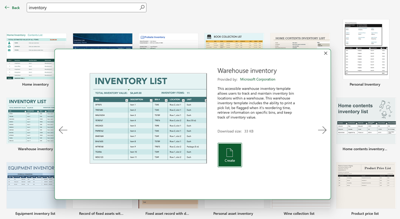 ตัวอย่างของเทมเพลตสินค้าคงคลังในคลังสินค้าใน Microsoft Excel