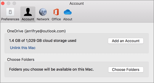 สกรีนช็อตของการเพิ่มบัญชีในการกําหนดลักษณะOneDriveบน Mac