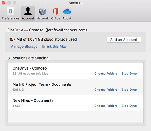 สกรีนช็อตของแท็บบัญชีบนไคลเอ็นต์การซิงค์ OneDrive สําหรับ Mac