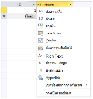 ส่วนย่อยของหน้าจอแบบดรอปดาวน์ คลิกเพื่อเพิ่มชนิดข้อมูล