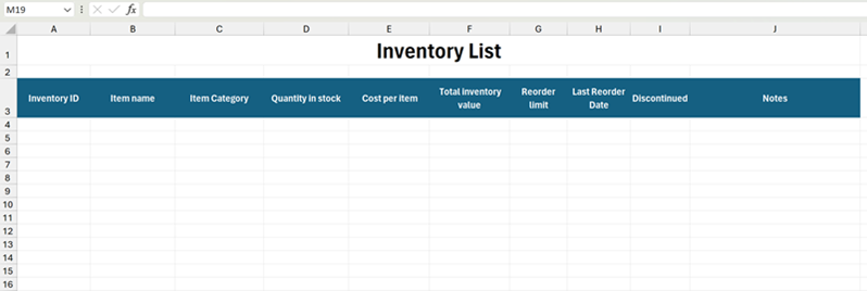 ตัวอย่างส่วนหัวของคอลัมน์รายการสินค้าคงคลังใน Excel