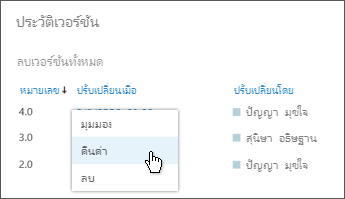 เลือก 'คืนค่า' จากเมนูดรอปดาวน์ของเวอร์ชันเอกสารที่เลือก