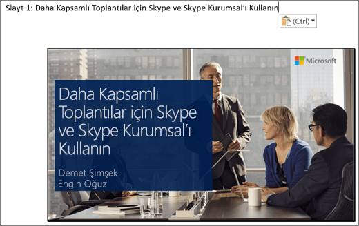 Slayt başlığıyla Slayt 1’i gösteren yeni Word belgesinin ekran kırpması. Resimde gösterilen slayt; slayt başlığını, sunucuların adlarını ve bir konferans masası etrafında iş insanlarının bulunduğu arka plan resmini içerir.