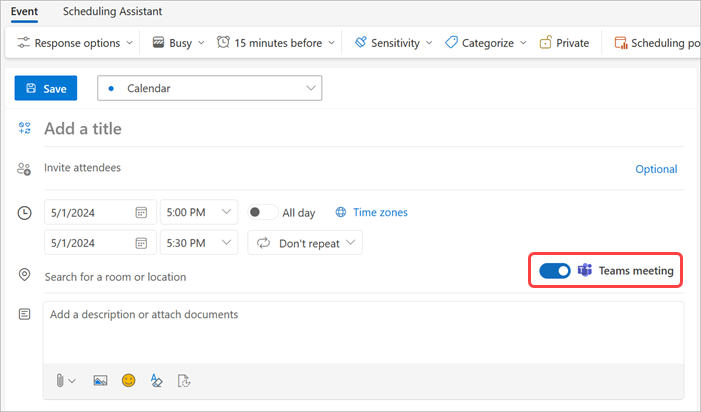 Teams toplantısı zamanlamak için Outlook'ta Teams toplantısı iki durumlu düğmesini açın,
