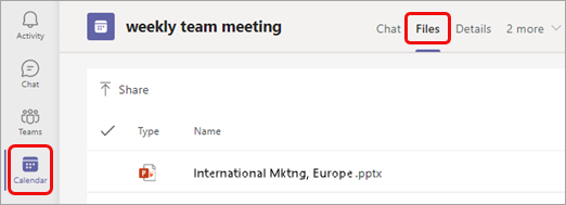 Takvimdeki toplantı etkinliğinin en üstündeki Dosyalar sekmesi