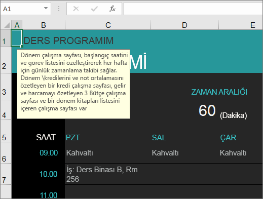 Öğelere yönelik açıklamalar içeren Yeni Üniversite Ders Yöneticisi Excel şablonu.