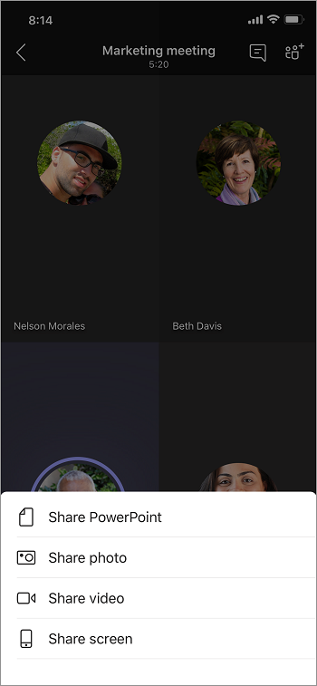 PowerPoint, fotoğraf, video veya ekran paylaşımı da dahil olmak üzere paylaşım seçenekleri.