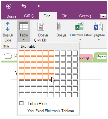 Screenshot of how to add a table in OneNote 2016.