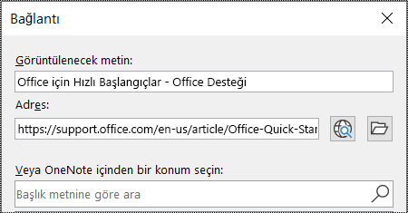 OneNote’ta bağlantı iletişim kutusunun ekran görüntüsü. Doldurulacak iki alan içerir: Görüntülenecek metin ve Adres.