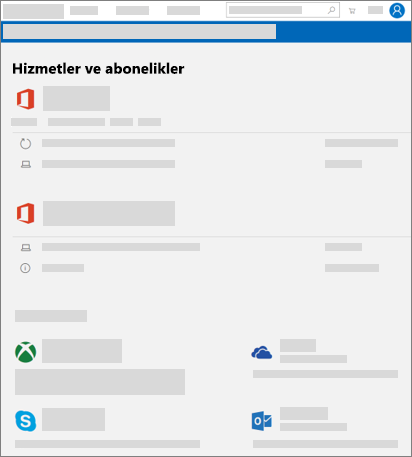 account.microsoft.com adresindeki Hizmetler ve abonelikler sayfasını gösterir