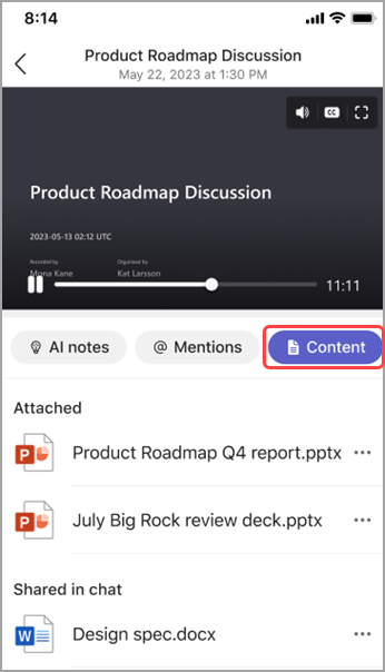 Paylaşılan içeriği Teams toplantı özetinde görüntüleyin.