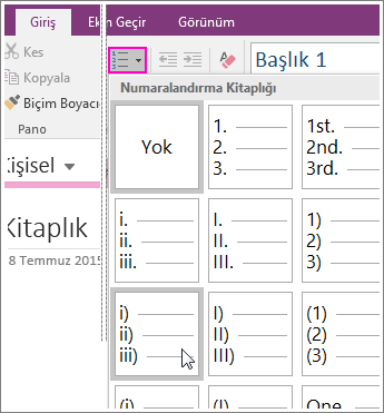 OneNote 2016’da bir sayfaya numaralandırma ekleme işleminin ekran görüntüsü.