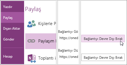 OneNote 2016’da bir bağlantıyı devre dışı bırakma işleminin ekran görüntüsü.