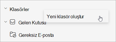 Klasör bölmesindeki Diğer seçenekler menüsünde yeni klasör oluştur'un seçili ekran görüntüsü