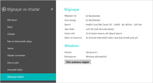 Bilgisayar ayarlarında Bilgisayar bilgileri sayfası
