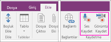 OneNote 2016’da AV düğmelerini içeren Ekle menüsünün ekran görüntüsü.