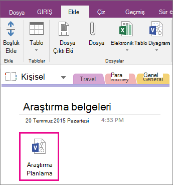 OneNote 2016’daki bir sayfaya Visio dosyası ekleme işleminin ekran görüntüsü.