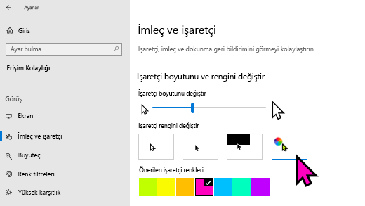 Windows 10 Ayarlar uygulamasında işaretçi boyutunu ve Windows 10 Ayarlar değiştirme