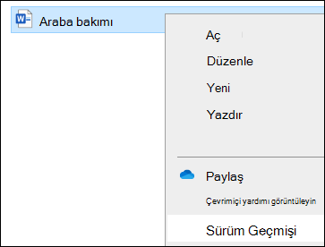 Sürüm geçmişi seçeneğini içeren Dosya Gezgini menüsü.