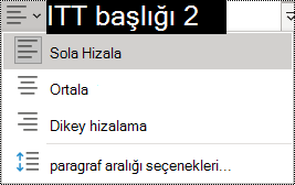 OneNote 2016 Paragraf Hizalama seçeneklerinin ekran görüntüsü.